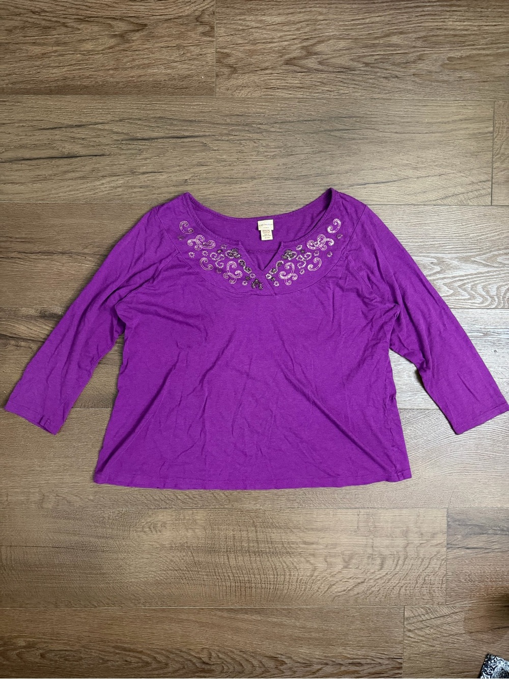 Covington Purple 3/4 Sleeve Embellished Scoop Neck Top